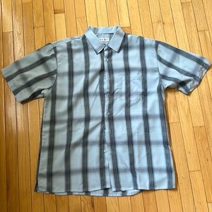 Vertical striped blue short sleeve button up shirt